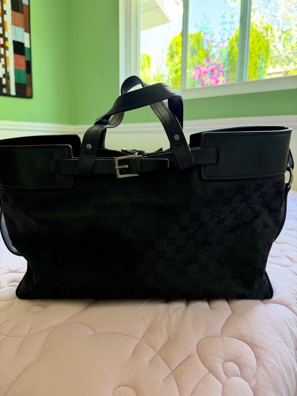 Gucci GG Black Canvas Buckle Tote with Leather Trim